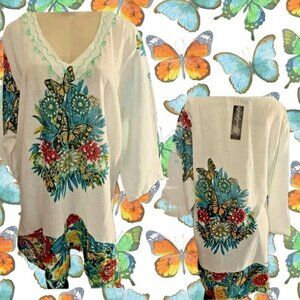 Jackpot Plus XXL White Multi Butterfly Floral V-Neck Cotton 3/4 Sleeve Tunic Top